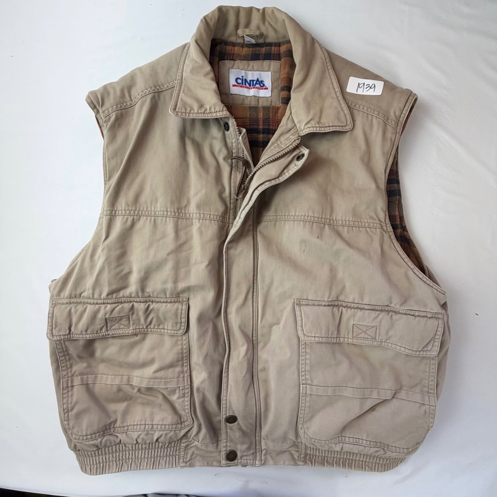 Cintas Canvas Work Vest Mens Large Tan Plaid Flannel Lined Rugged Utility Pocket